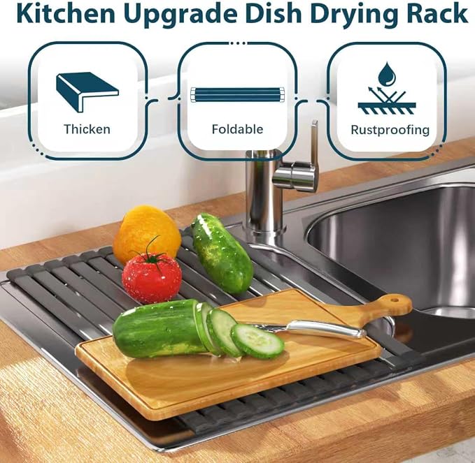 KABUM 17.72x11.81 Heavy-Duty Aluminum Alloy Roll Up Dish Drying Rack | Food-Safe Coating with Anti-Skid Silicone, Extra Wide Thickened Sink Drying Rack for Kitchen Counter, Space-Saving Organizer - Image 8