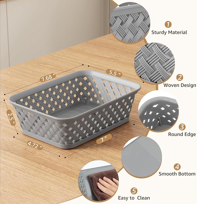 MaxGear 3 Pack Plastic Storage Baskets, Small, Grey | Durable Woven Plastic with Built-In Handles, Suitable for Shelves, Closets, Cabinets, Bathrooms and Offices - Image 2