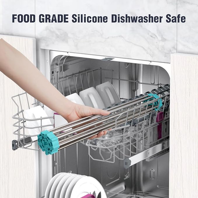 Tomorotec Roll Up Dish Drying Rack Over Sink, 304 Steel, 17.7x12.5, Green | Anti-Slip Silicone Rims For Grip, Heat-Resistant Trivet Mat Holding Heavy Cookware, Rustproof Kitchen Counter Space Saver - Image 6