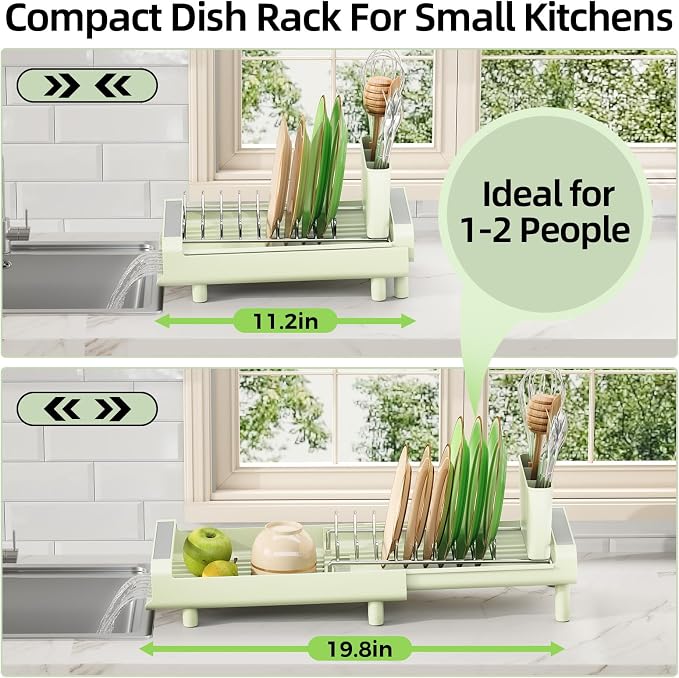 TOOLF Small Dish Drying Rack, Expandable and Space-Saving, Grayish Green | Mini Dish racks for kitchen counter, Compact Design Fits Sink or Counter, Stainless Steel Plate Rack, 11"-19.3"L×7.7"W×3.54"H - Image 2