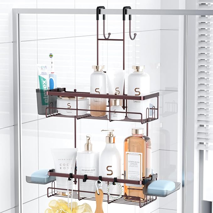 Over the Door Shower Caddy Hanging: No Drill Rustproof Shower Organizer | Includes Hooks & Soap Holders for Shampoo, Conditioner and Bathroom Essentials, Anti-Slip Design for Any Shower Room by Aitatty