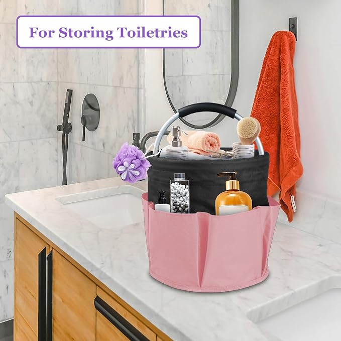 17L Cleaning Supply Caddy for Family, Portable Shower Caddy with Handle and 6 Pockets, Foldable Tool Bucket Organizer, Large Storage Basket for Camping, Gardening, Black with Pink - Image 9