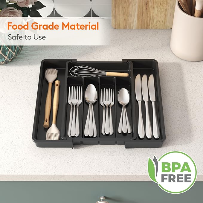 Lifewit Expandable Silverware Organizer, Plastic Utensil Tray for Kitchen Drawer, BPA Free Flatware Cutlery Holder, Space-Saving Storage for Spoons Forks Knives, 8-13.8 x 11.2 x 1.4 inch, Black - Image 6