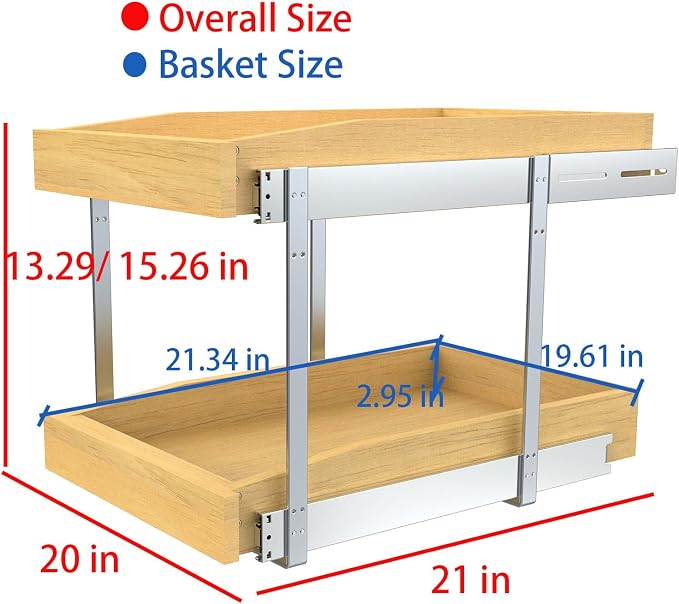 2 Tier Pull Out Cabinet Organizer, 20"W x 21"D Solid Wood Heavy-Duty Base Bottom Assembly Slide out Drawer Shel Cabinet Organization for Kitchen, Pantry, Bathroom - Image 2