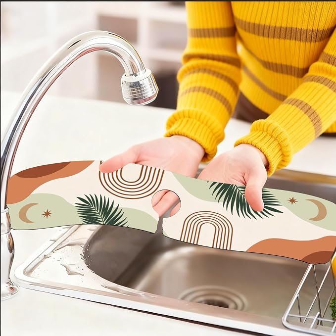 2 Pcs Plant Kitchen Sink Splash Guard Faucet Mat Bohemian Tropical Leaves Faucet Mat for Sinks Absorbing Drying Mats for Kitchen Bathroom, 23.6x5.5inch - Image 6