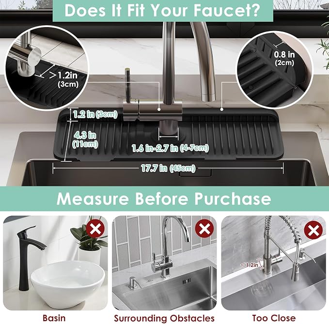 17.7-Inch Silicone Faucet Mat for Kitchen Sink Splash Guard, 7° Slope | 17.7"x5.5" water draining mat with fasten button; 1.6-2.75" customizable hole for bathroom, RV & kitchen sink drip catcher. - Image 2