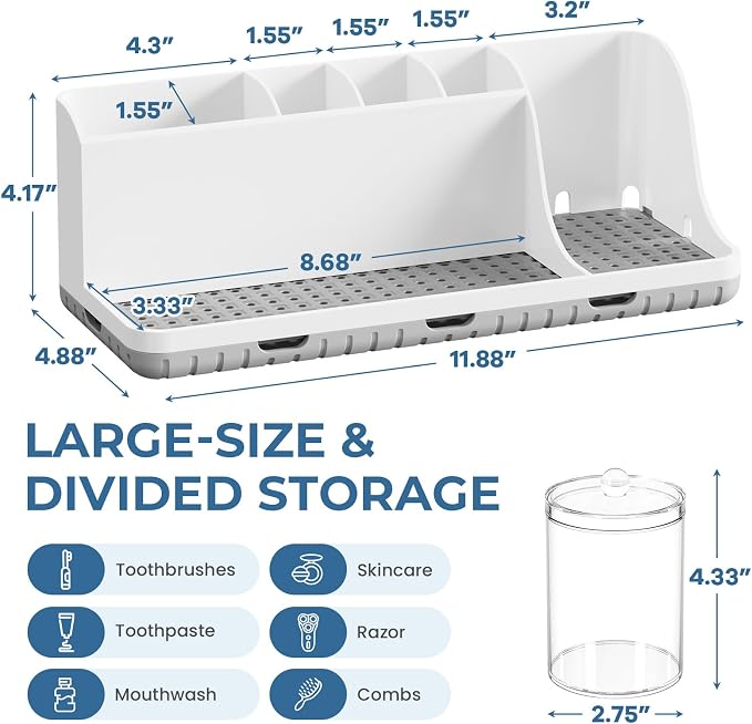 Bathroom Counter Organizers and Storage with 3 PCS Qtip Holder (White) | Easy To Clean, Drainage, Non-Slip, Detachable, 6 Slots Toothbrush Holders for Bathrooms - Image 5