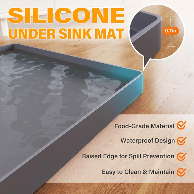 FLATO Waterproof Under Sink Mat, 40" x 19", Black | Shelf Liner for Kitchen and Bathroom, Cabinet Protector, Organizers and Storage, Flexible Silicone Drip Tray - Image 2