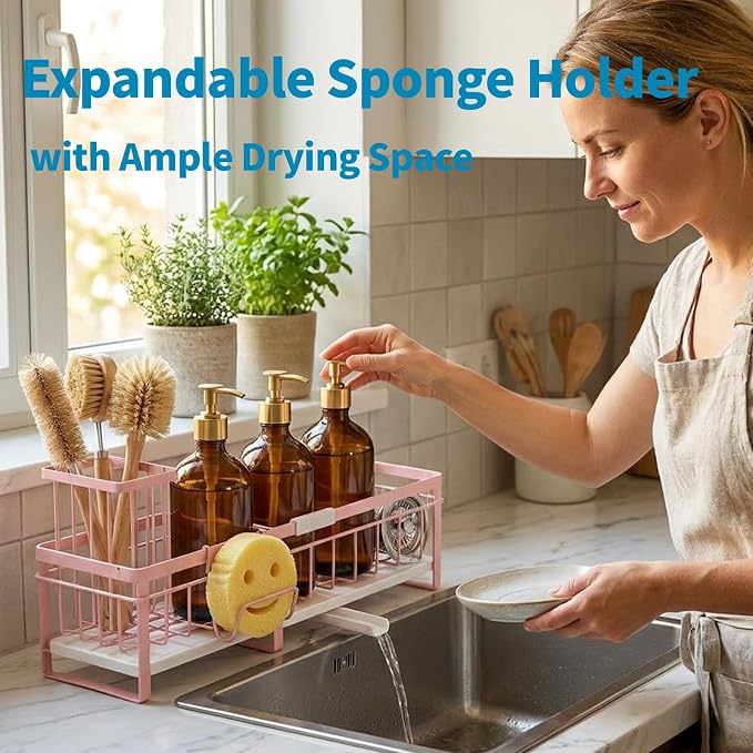 Extra Large Extendable Sponge Holder for Kitchen Sink Caddy Organizer | Rustproof Sink Caddy Organizer with High Brush Holder, Dish Soap Dispenser Organizers and Storage (Black) - Image 4