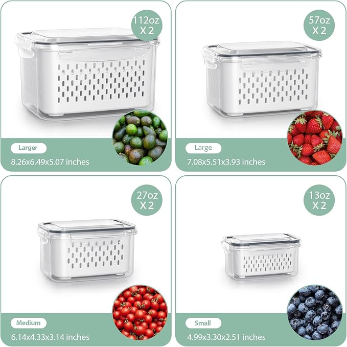 Anysig 8 Pack Fridge Fruit Storage Containers with Removable Colander | Fruit Containers for Fridge with 2 Function Divider Plate, Airtight Storage Container, Dishwasher Safe,Keep Berry Fruit Fresh - Image 3