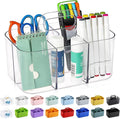 Multiuse Caddy Organizer with Handle, Portable Divided Plastic Tote Bin - Art Craft, Stationary Pen Marker Crayons, Makeup Hair Supplies Storage - Bathroom, Classroom, Dorm, Office, Desk Holder -Clear by AOZITA
