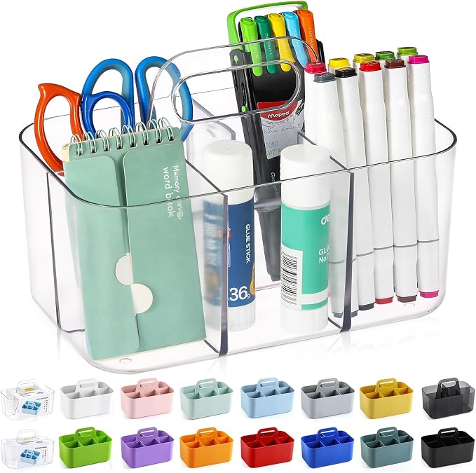 Multiuse Caddy Organizer with Handle, Portable Divided Plastic Tote Bin - Art Craft, Stationary Pen Marker Crayons, Makeup Hair Supplies Storage - Bathroom, Classroom, Dorm, Office, Desk Holder -Clear by AOZITA