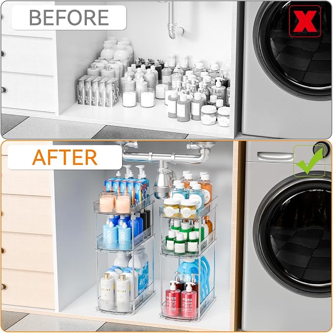 2 Pack 3 Tier Large Pull Out Bathroom Organizers and Storage,13.8″ Deep Sliding Kitchen Under Sink Organizer for Cleaning Products Storage,Acrylic Clear Bathroom inder Sink Organizer,Undersink Storage - Image 6