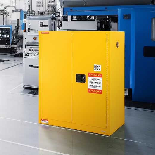 VEVOR Flammable Cabinet 18" x 43" x 50", Cold-Rolled Steel Flammable Liquid Storage Cabinet 34 Gal with 2 Adjustable Shelves/2 Manual Closing Doors for Industrial Use, Yellow | For Industrial Use, Cold-Rolled Steel, 34 Gal, with 2 Adjustable Shelves, 2... - Image 2