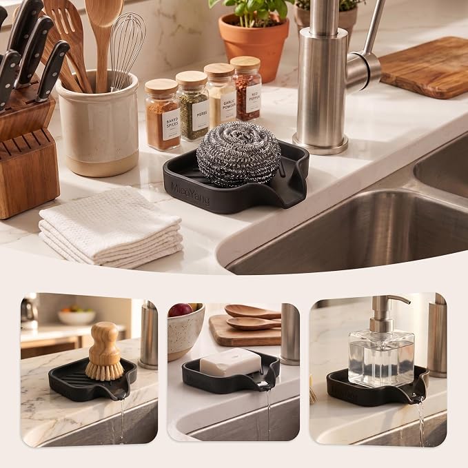MicoYang Silicone Soap Dish with Drain Spout, Self-Draining Sink Organizer Tray for Bathroom and Kitchen, Sponges, Dispensers and Soap Holder, Non-Slip and Dishwasher Safe, Black (Compact, 4.9"×3.2") - Image 3