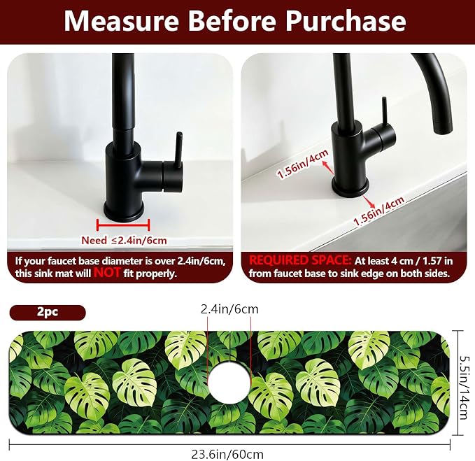 2 Pcs Kitchen Sink Splash Guard Faucet Mat Monstera Leaves Pattern Faucet Mat for Sinks Absorbing Drying Mats for Kitchen Bathroom - Image 2