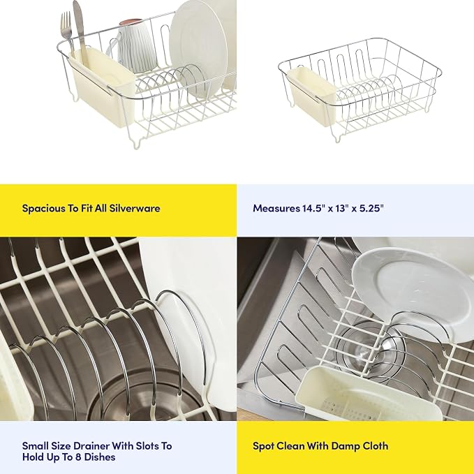 Dish Drying Rack & Cutlery Holder 2 Piece Set - Compact Sink-Fitting Dish Drainer with Rubberized Undercoating, Space-Saving Kitchen Organizer for Plates, Cups, Bowls & Utensils in Sink, Ivory - Image 6