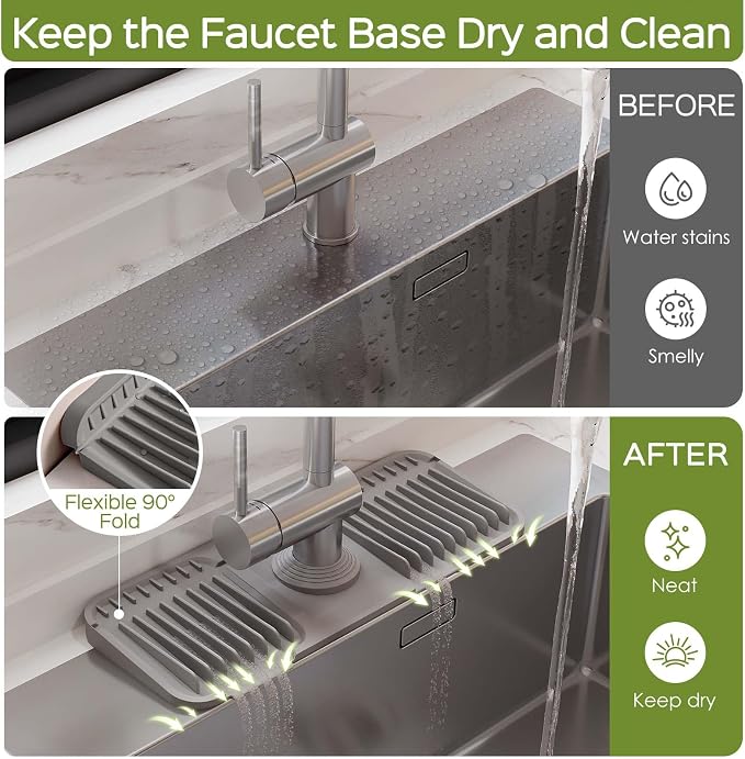 15 Inch Silicone Faucet Mat for Kitchen Sink Splash Guard – 2025 Upgraded Draining Mat with Water Tray Behind Faucet – Countertop Protectors to Catch Spills (Gray, 14.6" x 5.5") - Image 2