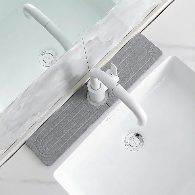 Diatomite Faucet Mat for Kitchen Sink, Quick-Dry Stone-Like Sink Mat, Flat Lay Absorbent Countertop Drying Mat for Faucet Area, Hard Diatomite Mat, Gray, 15.8 x 4 in by SUXLINA