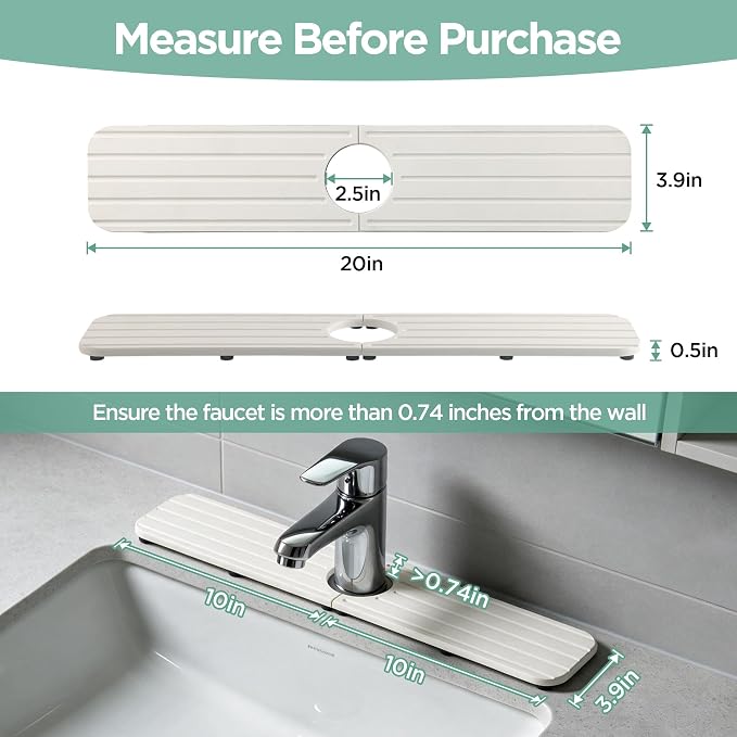 NiuYichee Faucet Mat for Kitchen Sink, Water Absorbing Diatomite Stone Tray | 19.6" x 3.9" Sink Coaster for Bathroom Counter, Stone Drying Mat, Sink Splash Guard, Fast Drying-Prevent Moisture, White - Image 2