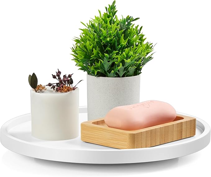10" Wood Lazy Susan Turntable Organizer, Lazy Susan for Table Top Cabinet Dining Pantry Countertop Cupboard Organization, Decorative Tray for Kitchen Bathroom Decor Coffee Bar Accessories, White by Bivvclaz
