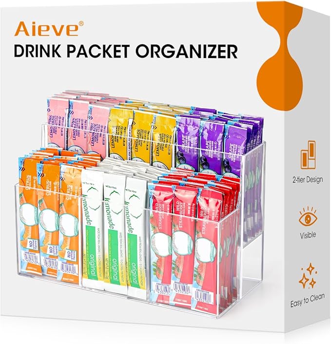 AIEVE Drink Packet Organizer, 2-Tier Water Flavor Packet Holder for Pantry Storage, Acrylic Drink Mix Organizer Hydration Powdered Mixes Holder Container for Cabinet Kitchen Storage by Aieve