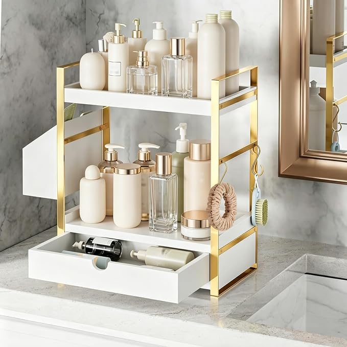 2-Tier Bathroom Counter Organizer, Wooden Vanity Shelf with Drawer & Basket | Pre-Drilled Holes, Skincare & Makeup Countertop Organizer and storage, White-gold by Unknown