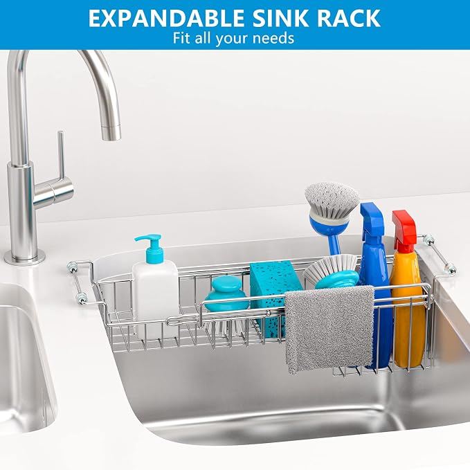 Over The Kitchen Sink Caddy Sponge Holder Organizer Drying Rack Expandable for Sponge Brush Soap Dish Cloth Rag Smaller 14.5" to 22", Stainless Steel - Image 2