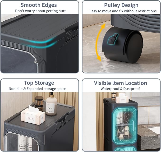 2 Tier Slim Bathroom Storage Cabinet, Foldable and Movable, Black | Tools Free, ABS and PET, Magnetic Clear Door, Adjustable Shelves, Lockable Wheels, Water Resistant, For Narrow Space - Image 5