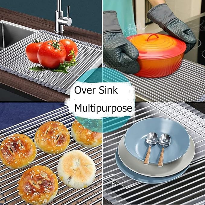 Ahyuan Roll up Dish Drying Rack Over The Sink Kitchen Roll up Sink Drying Rack Portable Dish Drainer Foldable Dish Drying Rack (Warm Gray, 20.5''X19.7'') - Image 2