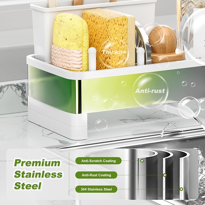 Ewaiira Stainless Steel Sink Caddy, Sponge Holder for Kitchen Sink 9.8″ | with Brush Holder & Dishcloth Rack, Rustproof Organizer Countertop, Soap Kitchen Organizers Storage Essentials, White - Image 4