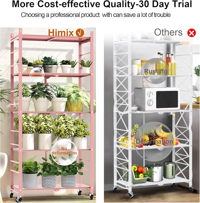 Himix 5-Tier Folding Storage Shelves with 20 Hooks Wheels Home Pink | Folding shelving units, Metal collapsible organization, Wire shelf, No assembly, Kitchen, Room, Holds 440 Ibs No assembly - Image 6