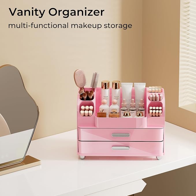 UFORU Makeup Organizer Countertop with 2 Large Drawers for Vanity Bathroom | Brush Holder, Large Capacity, Thickened Plastic, Compact Footprint, Space-Saving Design, Easy Clean, Ideal for Dorm Rooms - Image 7