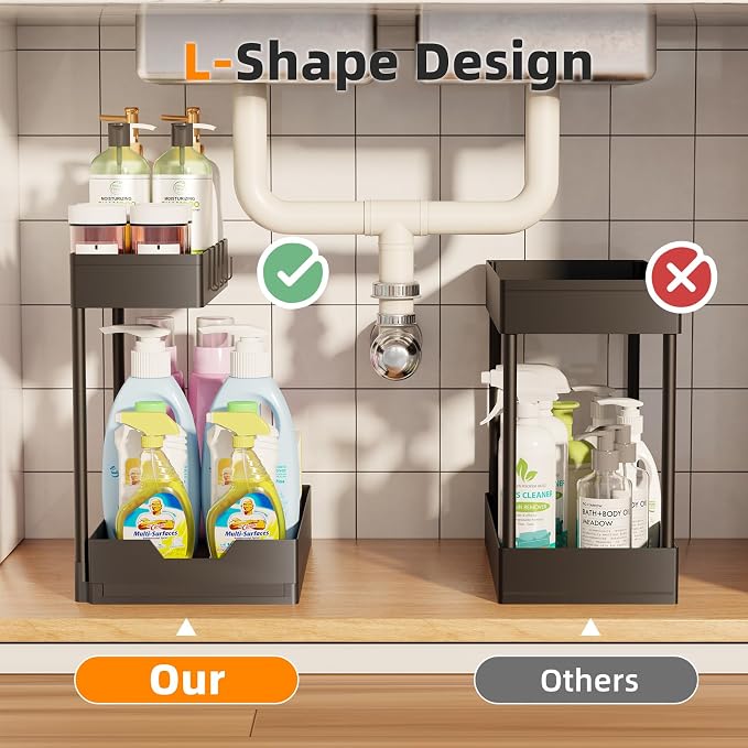 Simple Trending Under Sink Organizer 2 Pack, 2 Tier with Sliding Basket | Multi-Use Cabinet Organizer for Kitchen & Bathroom, Sink Storage Basket with 4 Hooks, L-shape, Easy Assembly, Black - Image 5