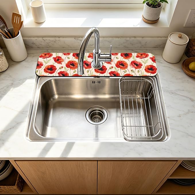 2 Pcs Kitchen Sink Splash Guard Faucet Mat Papaver Rhoeas Pattern Faucet Mat for Sinks Absorbing Drying Mats for Kitchen Bathroom - Image 3