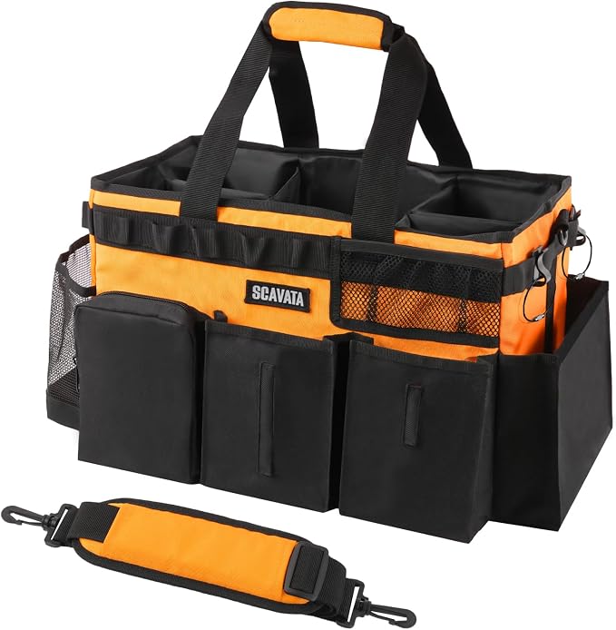 SCAVATA Wearable Cleaning Caddy Bag, Cleaning Caddy Supplies Organizer with Handle & Shoulder Straps for Housekeepers, Under Sink & Car Cleaning Tool Organizers with 4 Foldable Divider (Orange) by Tidyyourlife