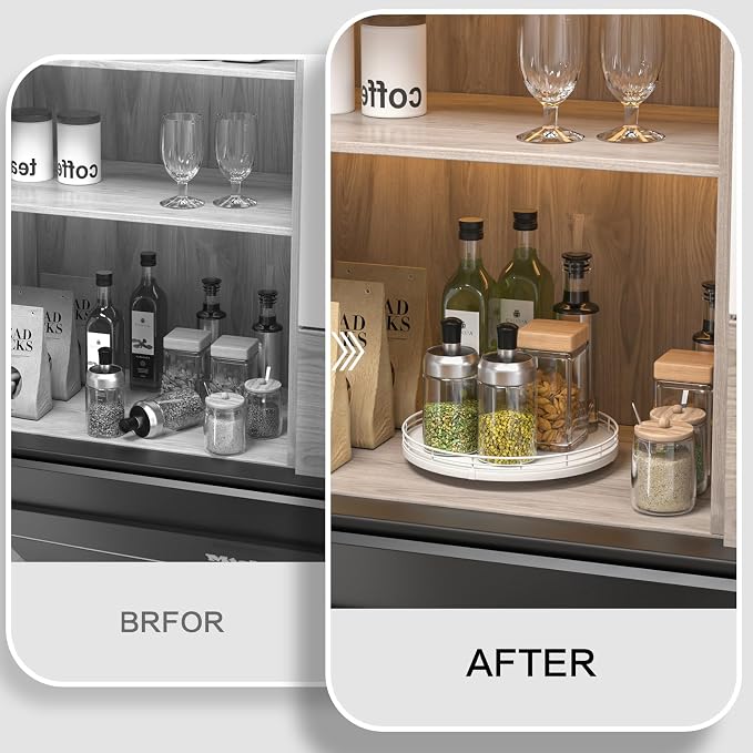Oroyutor 10-Inch Oak Lazy Susan Spice Organizer, White Finish | Rotating oak tray organizes spices, toiletries and decor on kitchen counters, bathroom vanities, dining and coffee tables. - Image 5