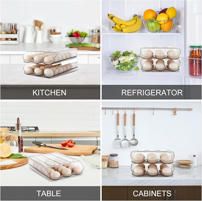 MesRosa Egg Holder for Fridge, Automatically Rolling Egg Storage Container for Refrigerator,Large Capacity Egg Organizer for Fridge with Lid,Clear Plastic Dispenser, Tray & Bin -2 Layer (Pack of 2) - Image 6