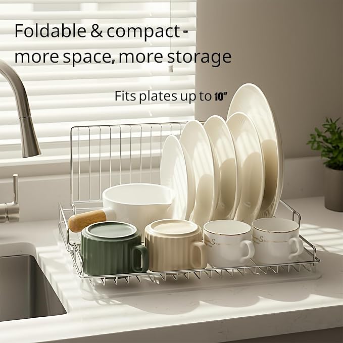Collapsible Dish Drying Rack, Stainless Steel Folding Dish Rack | Foldable Small Dish Drying Drainer Racks for Kitchen Counter, Space-Saving & Compact Design, Silver - Image 2
