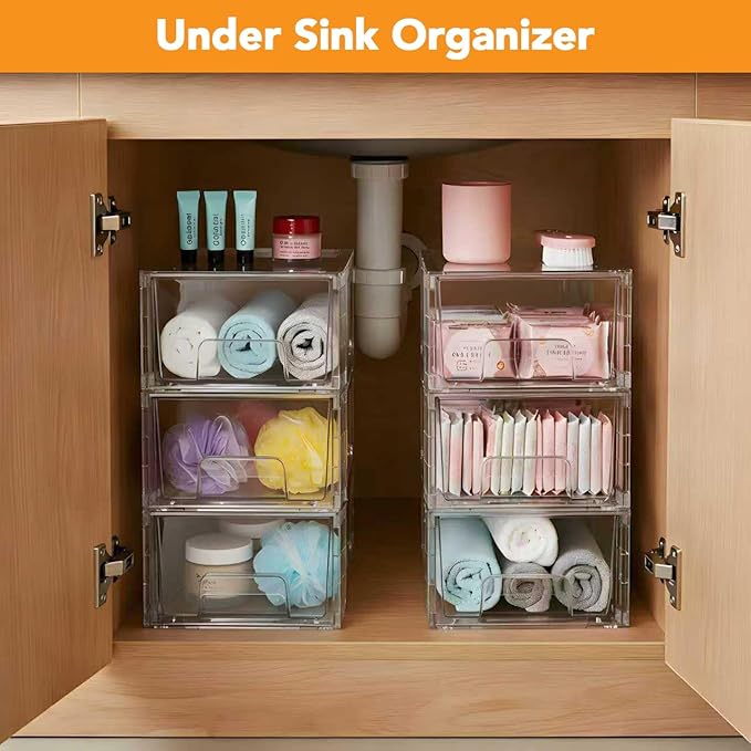 6 Pack Stackable Storage Drawers,Plastic Organizers Bins, Drawers Storage with Handles and Movable Dividers for Organization and Storage in Fridge,Bathroom, Pantry, Kitchen Cabinets, Under Sink - Image 7