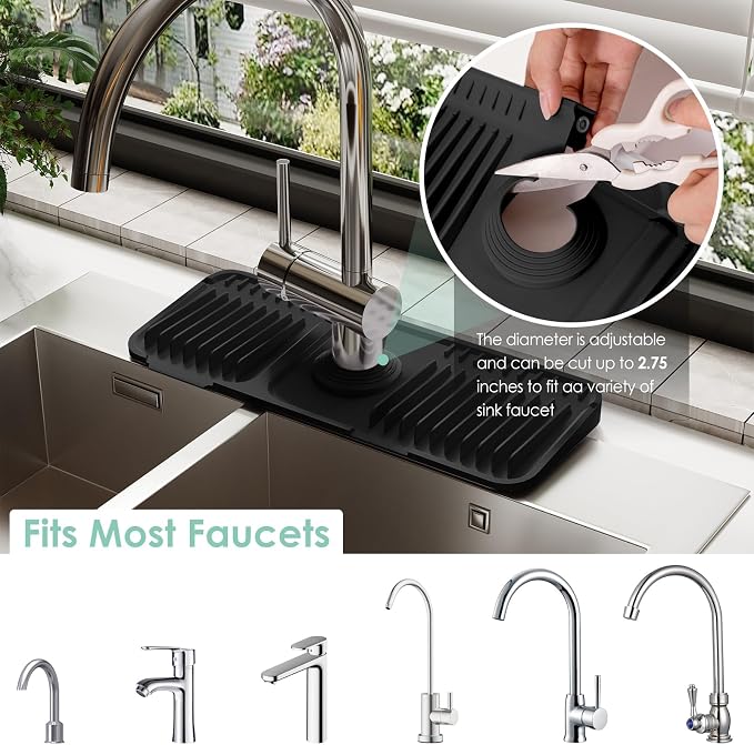 14.6-Inch Silicone Faucet Mat for Kitchen Sink Splash Guard, 7° Slope | 14.6"x5.5" water draining mat with fasten button; 1.6-2.75" customizable hole for bathroom, RV & kitchen sink drip catcher. - Image 3