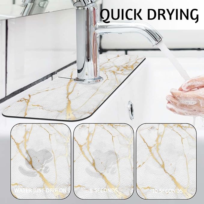 MCALK Marble White Kitchen Sink Faucet Mat Splash Guard, Absorbent Quick-Dry Kitchen Sink Mat - Ideal for Splash Guard & Drip Catching with Modern Art Decor( 1pc 15"x5.5") - Image 2