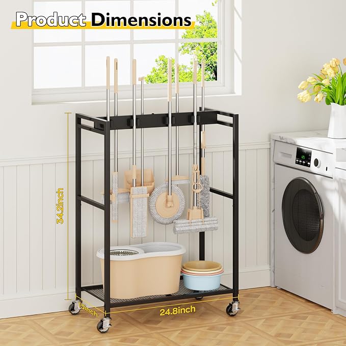 BORISI Broom And Mop Holder, Movable Broom Closet Storage Cabinet, Cleaning Cart with Mop Hanger Gripper Rack, Janitorial Cart, Utility Carts, Laundry Room Organization Home Essentials - Image 2