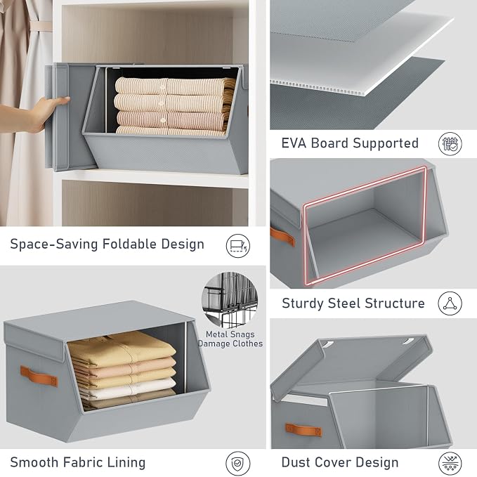 Stackable Closet Organizers and Storage Bins, Open Front Closet Shelf Organizer System With Steel Frame, Clothes Storage Basket Fabric, Collapsible Closet Drawers for Wardrobe, Nursery ,Toy, 4 Pack - Image 7