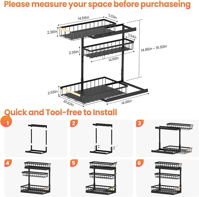 Under Sink Organizer and Storage for Bathroom and Kitchen - 2 Pack 3 Tier | Under Cabinet Pull Out Shelf Organizers - Slide Out Drawer Organization for Home Cabinets Shelves and Drawers - Image 8