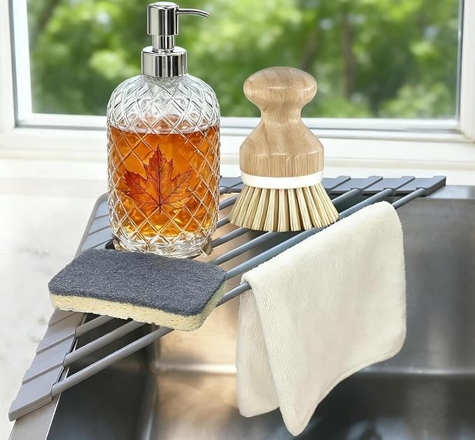 Triangle Roll Up Dish Drying Rack for Sink Corner, Silicone Wrapped Sponge Holder for Kitchen Sink Caddy Organizer Multipurpose Corner Shelf Drainer Mat for RV Kitchen Sink Accessories Counter Storage by SeropyDirect