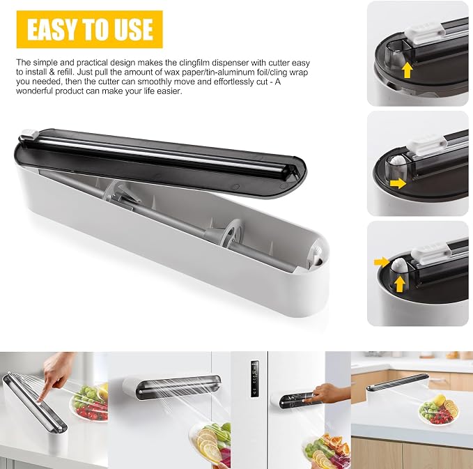 Aluminum Foil & Plastic Wrap Dispenser with Slide Cutter - Magnetic & No-Drill Wall Mount, Cling Film Dispenser for Worktops & Cabinets, Space-Saving Kitchen Organizer - Fits 12" Rolls, Black - Image 5