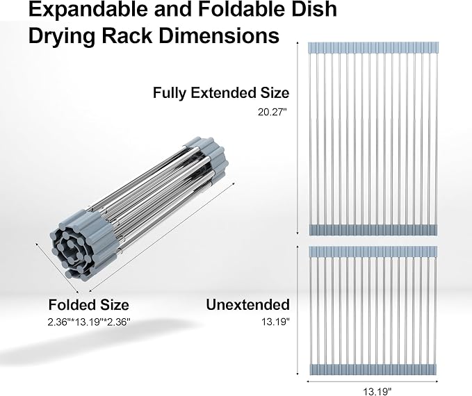 20.27 x 13.19 Inch Roll Up Dish Drying Rack, Expandable Over Sink Drying Rack 304 Stainless Steel Drainer for Counter Kitchen Home RV Essentials Foldable Over Sink Drying Rack, Grey - Image 5