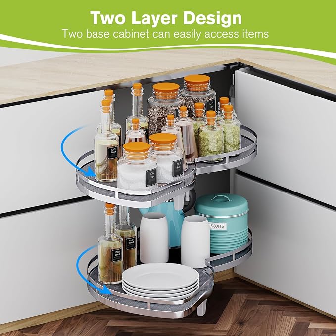 Blind Corner Cabinet Pull Out Organizer, Soft Close Swing Left Pull Out Cabinet Organizer 26 inch, Corner Cabinet Lazy Susan for Cabinet Blind Shelf, 2 Tiers Tray, Adjustable Height - Image 3