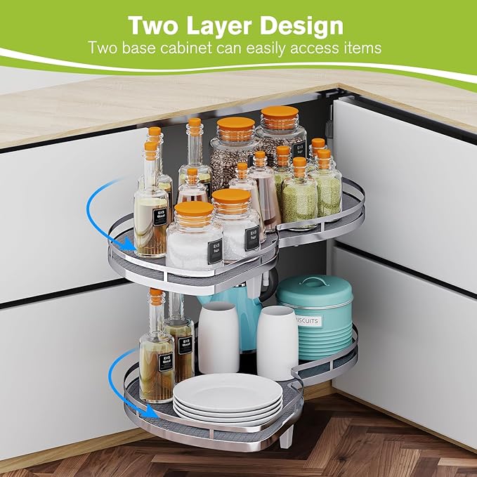 Blind Corner Cabinet Pull Out Organizer, Soft Close Swing Left Pull Out Cabinet Organizer 30inch, Corner Cabinet Lazy Susan for Cabinet Blind Shelf, 2 Tiers Tray, Adjustable Height - Image 3